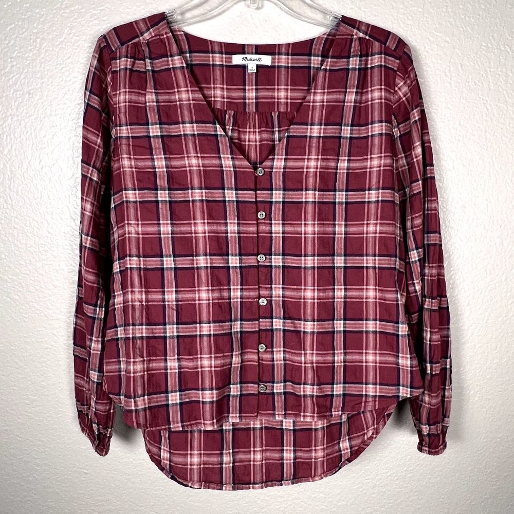 Madewell Sz S Long Sleeve V-Neck Button Down Shirt Stratfield Plaid K5787 - Picture 5 of 10